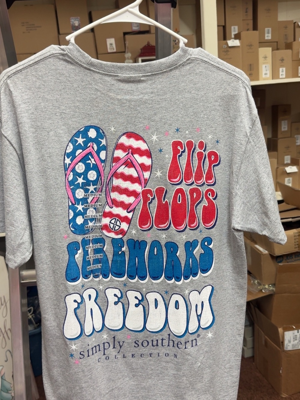 Simply Southern Gray Tee with Pink, Blue & White Flip Flop Graphic